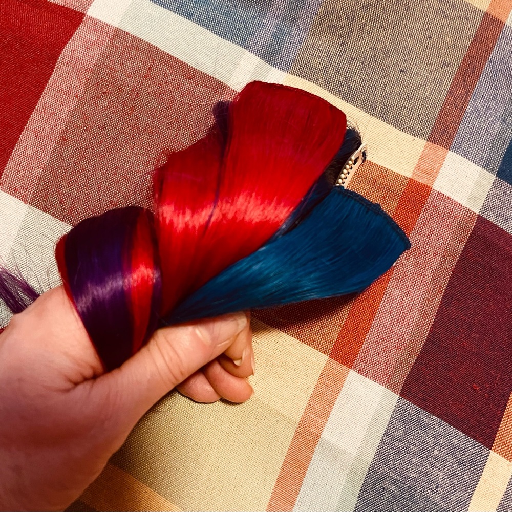 red blue and purple single piece extensions 14in